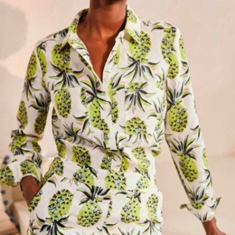 Boden White Button-Down Shirt with Green Pineapple Print
